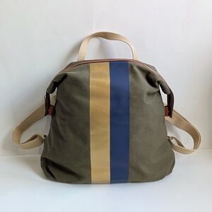 NWOT GILI Olive Canvas Backpack with Navy Blue and Gold Stripes